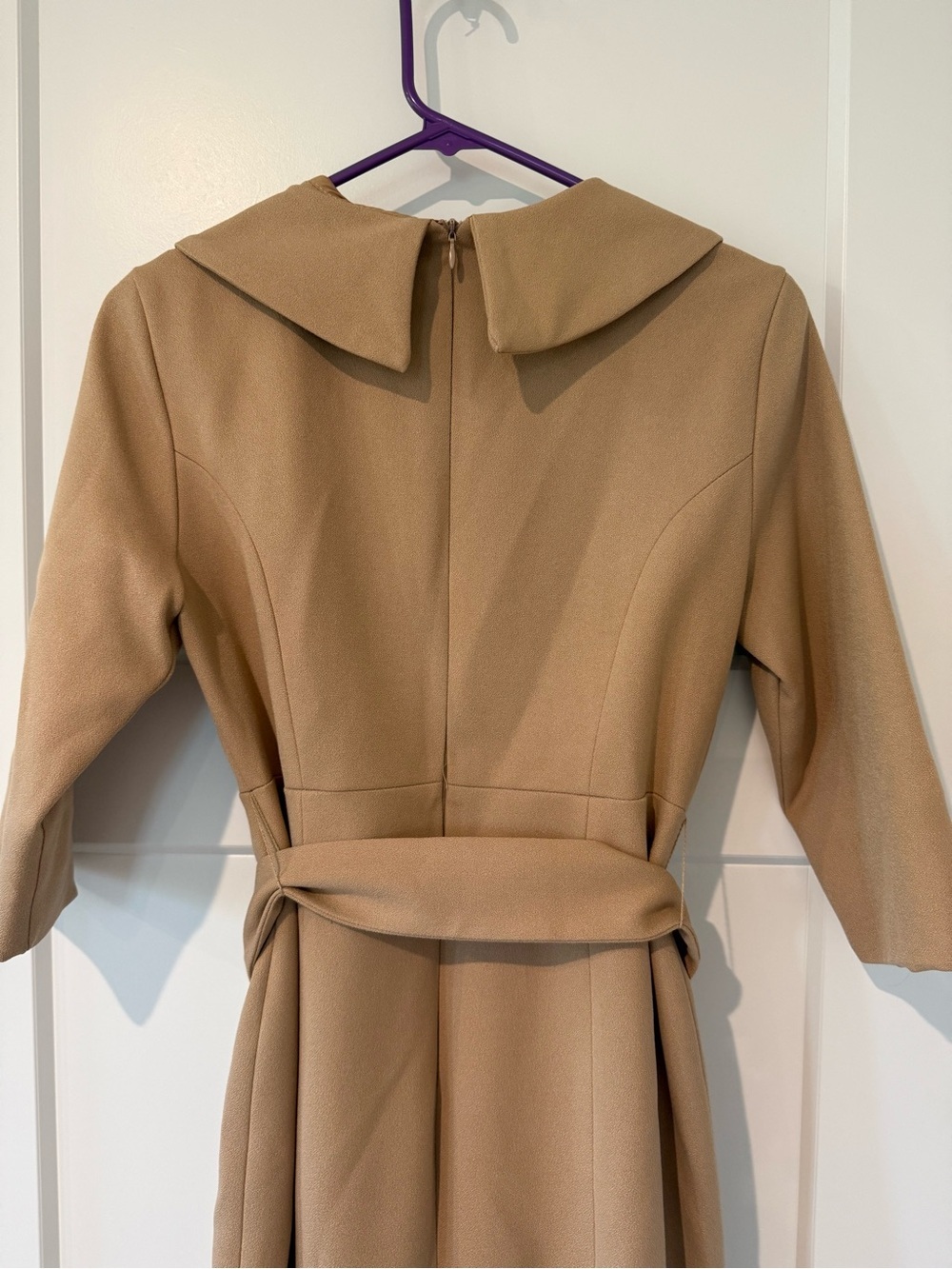 Karen Millen Camel Midi Crepe Structure Dress with Waist Tie 6 Petite - Picture 2 of 11